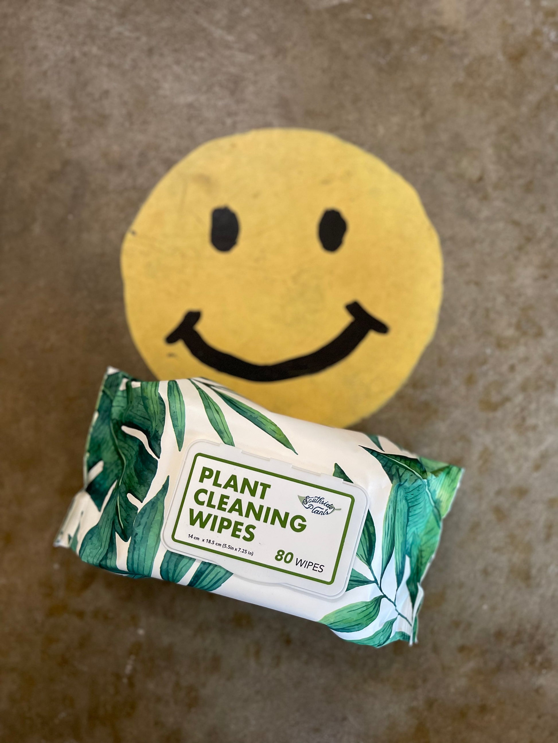 plant cleaning wipes lying on the ground with a painted smiley face in the background